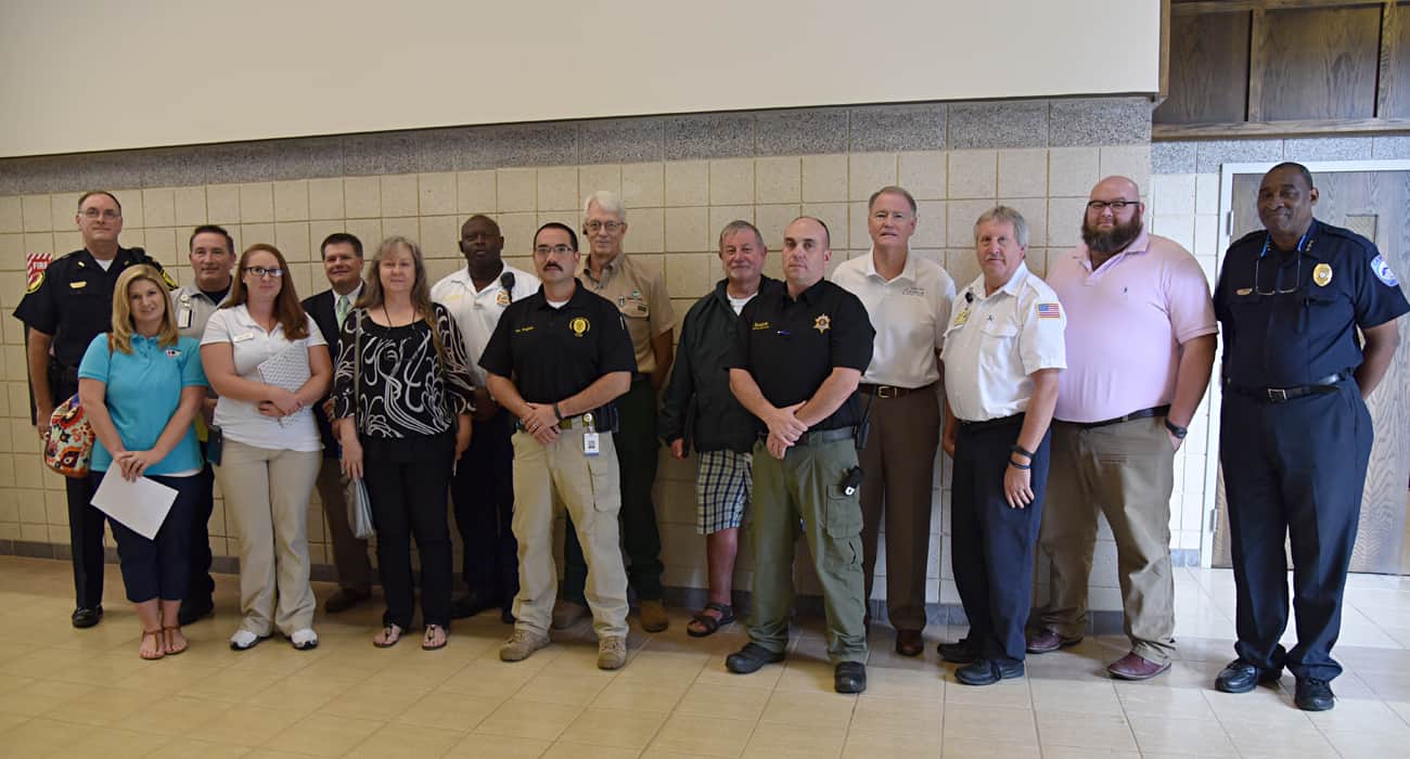 SGTC Assistant to the President Don Smith (fourth from right) and SGTC Campus Safety Director Sammy Stone (far right) are pictured with local law enforcement, first responders, and other related organizations following a planning meeting for SGTC’s upcoming “active shooter” drill, to be held on Friday, October 7th during the college’s fall break.