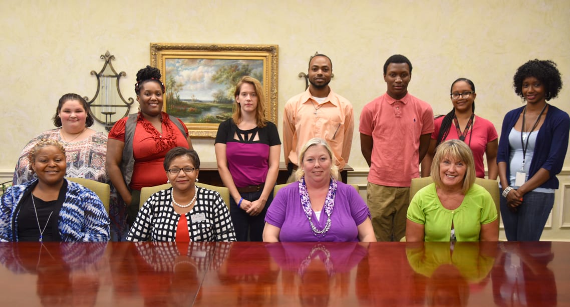 Seated from left to right are the interview panel for SGTC’s latest PBL officers: Dr. Andrea Oates, Linda Edge, Teresa McCook, and Donna Lawrence. Standing from left to right are the newly elected officers Ashley Halstead, Fierra Riley, Brittany Sanders, Racarda Blackmon, Branyon Kendrick, Ashely Thomas, and Alicia English. Not pictured are Kimberly Jackson and Brandon Chatman.