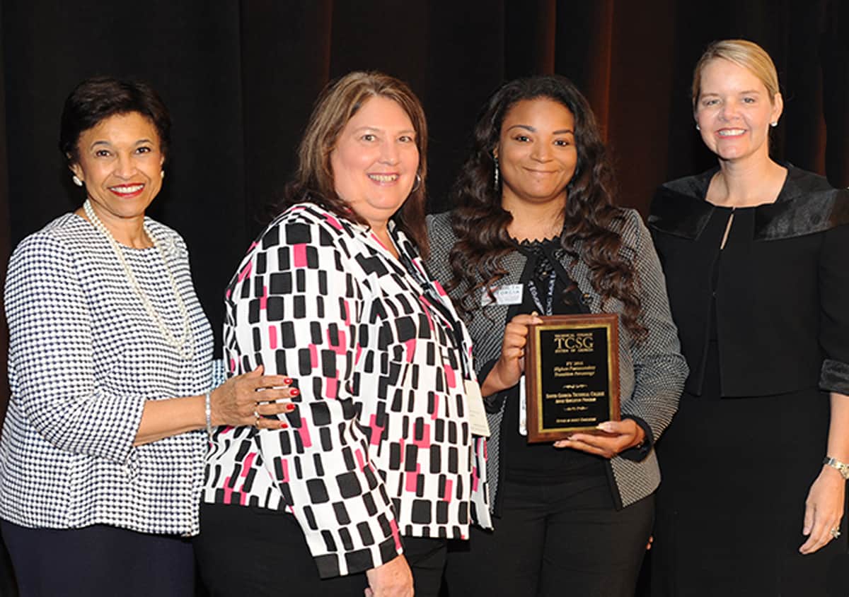 Technical College System of Georgia Assistant Commissioner for Adult Education, Beverly Smith is shown above with SGTC Adult Education Assistant Lisa Jordan, SGTC Assistant Vice President for Adult Education, LaShondra Coleman, and TCSG Commission Gretchen Corbin. SGTC’s adult education department was recognized for having the Highest Postsecondary Transition rate in the state for FY2016. This is the second year that SGTC has won this honor.