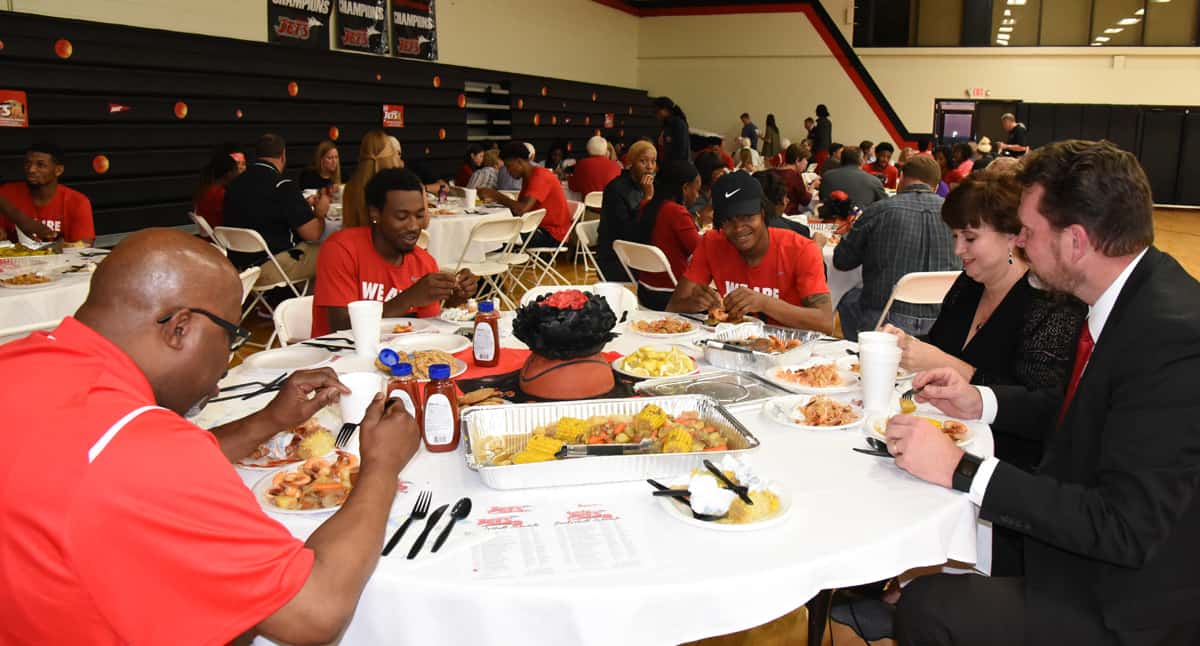 A great time was had by everyone with a Low Country Boil Banquet prepared by David Finely, Chef Ricky Watzlowick and his culinary arts students and the Jets Booster Club members. Shown above are SGTC President Dr. John Watford and his wife, Barbara, and other individuals enjoying the Low Country Boil banquet.