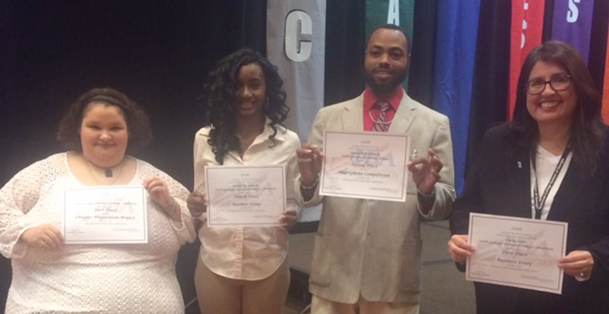 Pictured from left to right are Americus campus PBL members Ashley Halstead, Alicia English, Racarda Blackmon, and Linda Kent at the recent Georgia Fall Leadership in Stone Mountain. The chapter brought home a total of four awards, including two first place awards.