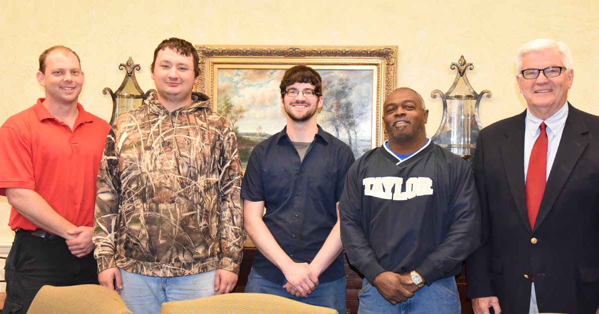Shown above (l to r) are: SGTC Diesel Equipment Technology Instructor Craig Kelly with his students who received the Caterpillar Excellence Scholarships recently. They are Tyler Stanford of Adel, James Stroup of Americus and Kent Short of Taylor County. SGTC Academic Dean Raymond Holt is also shown with the scholarship recipients.
