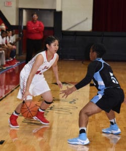 Kanna Suzuki (14) is shown above handling the ball for the Lady Jets. She was the top scorer in the season opener with 16 points.