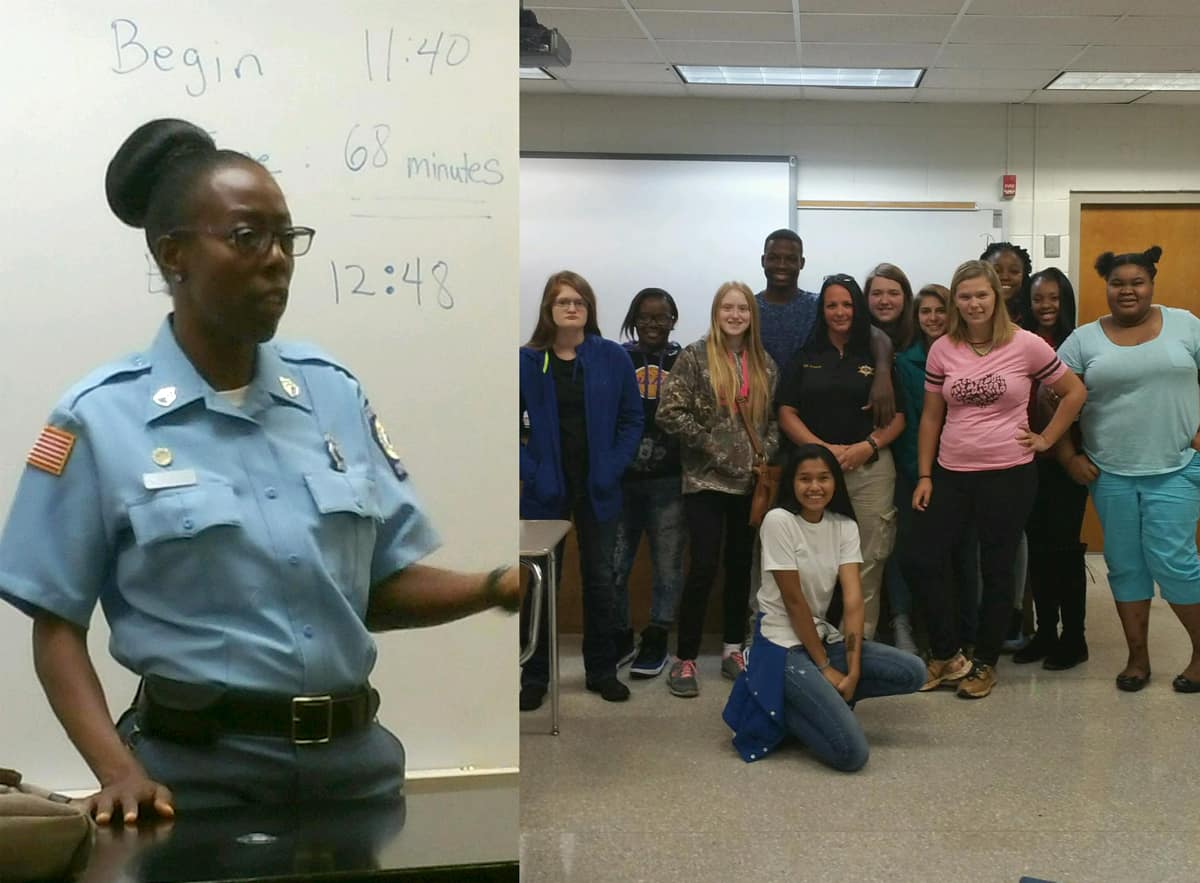 Sgt. Heather Trussell (left) and Sgt. Linda Drains (at right with SGTC MOWR students) recently spoke to SGTC MOWR students about corrections and the differences between protocol in jails and prisons.