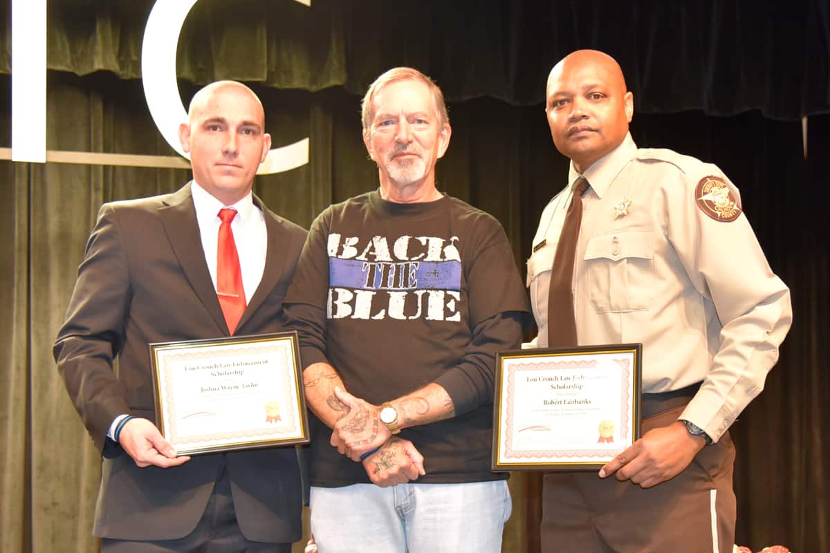 Lou Crouch (c) of Centerville is shown above with Joshua Wayne Taylor (l) and Robert Fairbanks (r) who were awarded the Lou Crouch Law Enforcement Scholarships at South Georgia Technical College recently.
