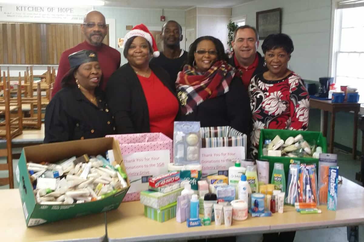 SGTC Student Government Association advisors and members are pictured with the donations of toiletries and other essential items raised for the local homeless shelter in 2016. This year's drive will take place until Dec. 15, 2017.
