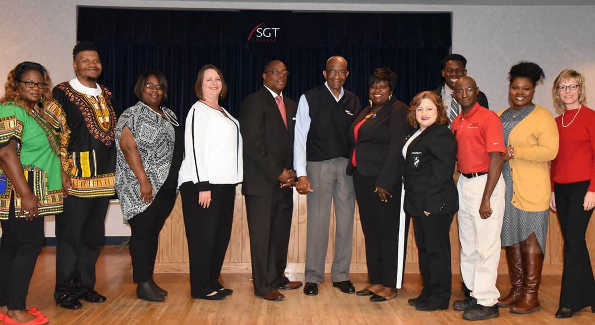 SGTC Crisp County Center Black History Program - Shown above (l to r) are the individuals that participated in the SGTC Crisp County Center’s first Black History Program recently. They include: SGTC National Technical Honor Society (NTHS) members Ramona Williams and Dontavious Harrell, NTHS Vice President Valerie Bryon, SGTC Student Affairs Coordinator Kari Bodrey, Keynote Speaker Dravian McGill, Sr., SGTC Board of Director and Foundation Trustee Willie Patrick, Keynote Speaker Bambie Hayes, NTHS President/State Officer Maria Rivera, NTHS Parliamentarian Christian Powell, SGTC employee and Pastor Keith Lewis, SGTC Instructor and NTHS Advisor Katrice Taylor and SGTC Dean of Enrollment Management Julie Partain.