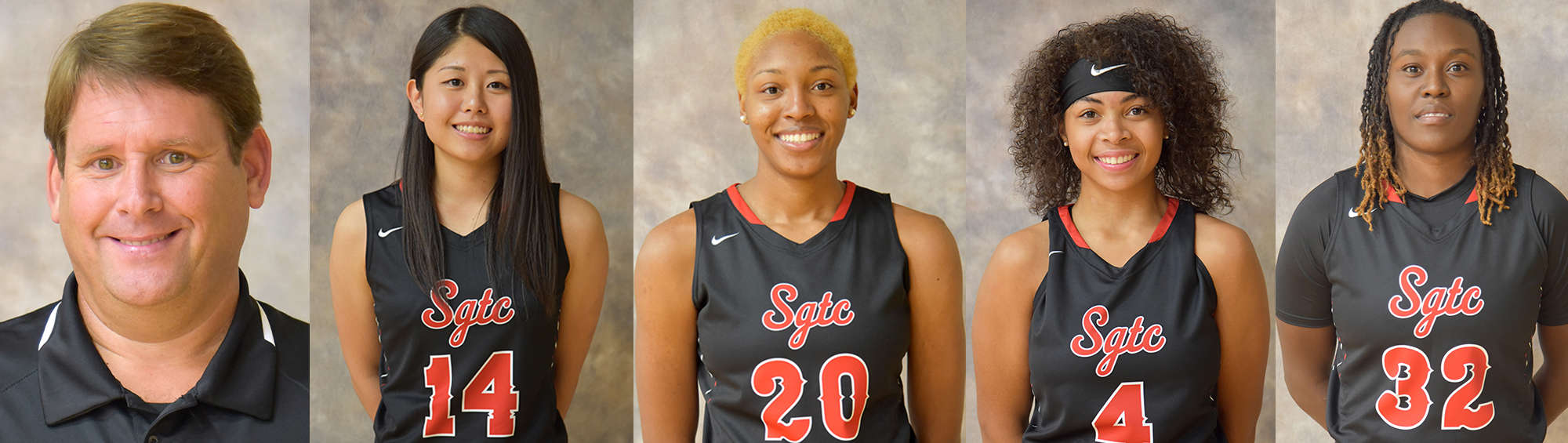 South Georgia Technical College’s Lady Jets head coach James Frey was selected as the GCAA Coach of the Year, Kanna Suzuki, 14, was the Freshman of the Year, Desiree Corbin, 20, and Camille Coleman, 4, were first team All-Conference players and Shaineequah Fluellyn, 32, was a GCAA 2nd team All-Conference player. Shown are headshots of each player and coach.