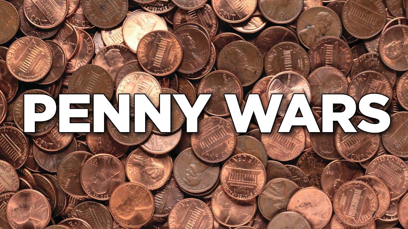Graphic - the words "PENNY WARS" sit over a bed of pennies.