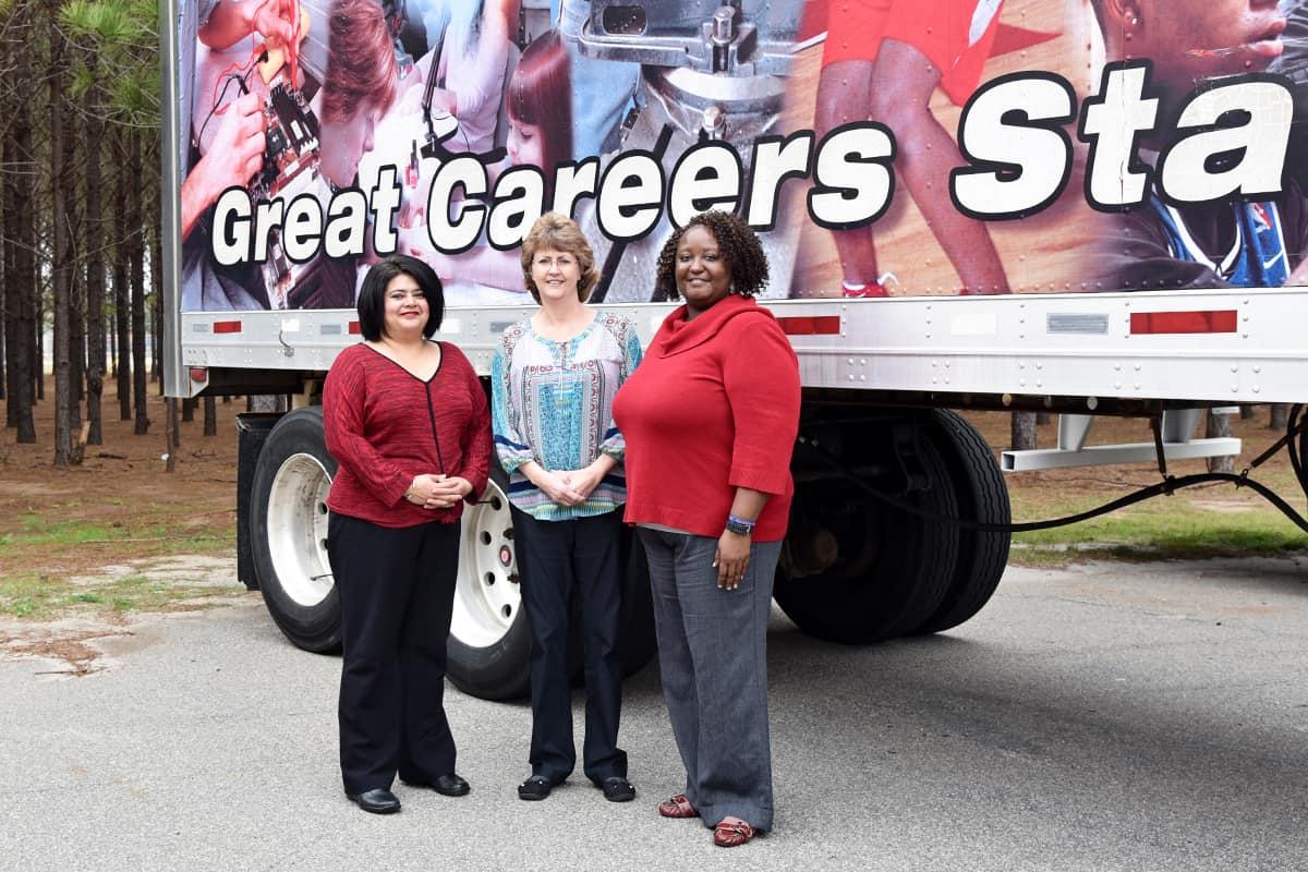 SGTC’s Sandhya Muljibhai, Robin Bell, and LaKenya Johnson (pictured here from left to right) were a few of the individuals who helped fill one of SGTC’s Commercial Truck Driving trailers with items to help disaster victims in need across South Georgia after the recent devastation from severe weather in South Georgia.