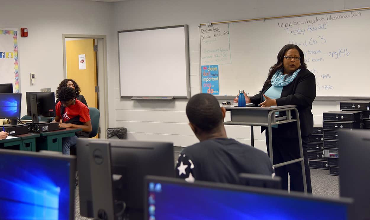 SGTC Psychology Instructor Dr. Michele Seay led a Test Stress workshop for SGTC students on the Americus campus. She is shown teaching to a class.