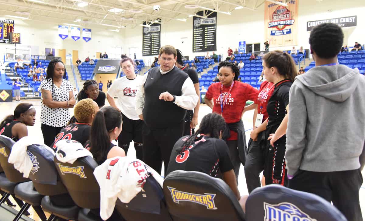 South Georgia Technical College head coach James Frey is shown above encouraging the Lady Jets during one of the time-outs in the Odessa College match-up.