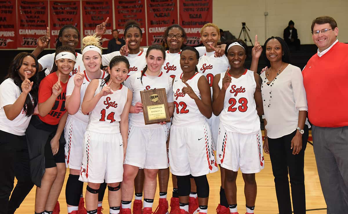 Shown above are the Lady Jets holding up their NJCAA District J plaque after defeating Denmark Tech and earning the right to advance to the NJCAA National Tournament in Lubbock, Texas, March 20th – 25th.