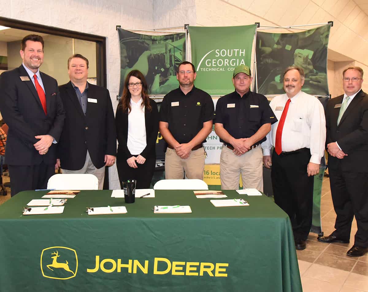 Shown above (l to r) are South Georgia Technical College President Dr. John Watford, John Deere Division Customer Support Manager Bob Cunningham, John Deere College Partnerships Manager Jennifer Badding, South Georgia Technical College Agricultural Technology Instructors Matthew Burks and Wayne Peck, SGTC Dean of Academic Affairs Dr. David Finley, and Vice President of Academic Affairs David Kuipers. They were ready to greet the prospective students and their parents at the John Deere Agricultural Technology Open House recently.