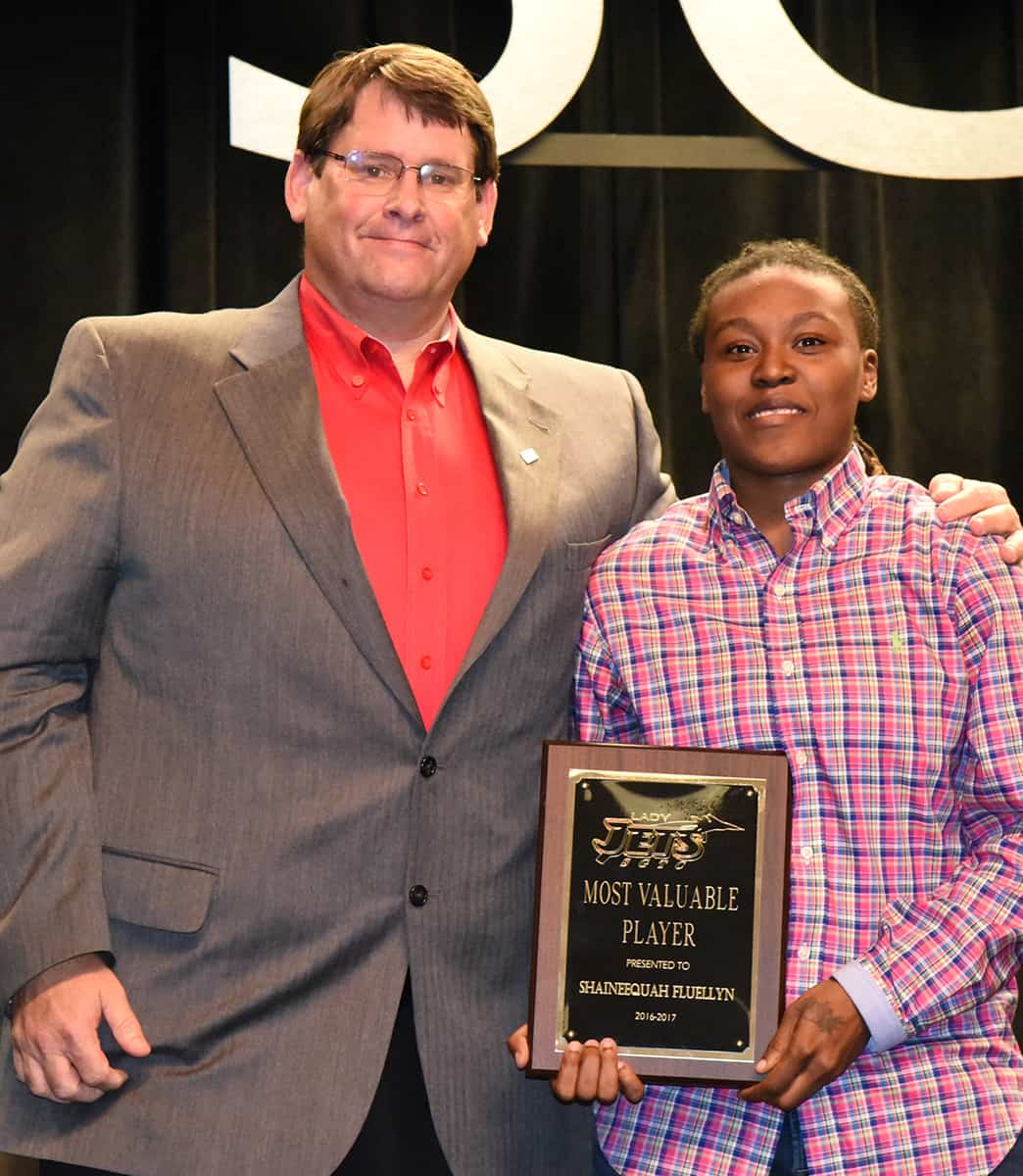 SGTC Athletic Director and Lady Jets head coach James Frey is shown above with the Lady Jets 2017 MVP Shaineequah Fluellyn.