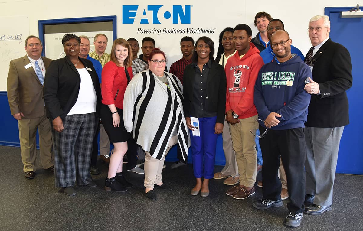 SGTC’s Marketing Management class is pictured on their visit to Eaton Lighting with instructor Mary Cross (second from left), SGTC Director of Business and Industry Services Paul Farr (far left), SGTC Vice President for Economic Development Wally Summers (far right), and Eaton officials.