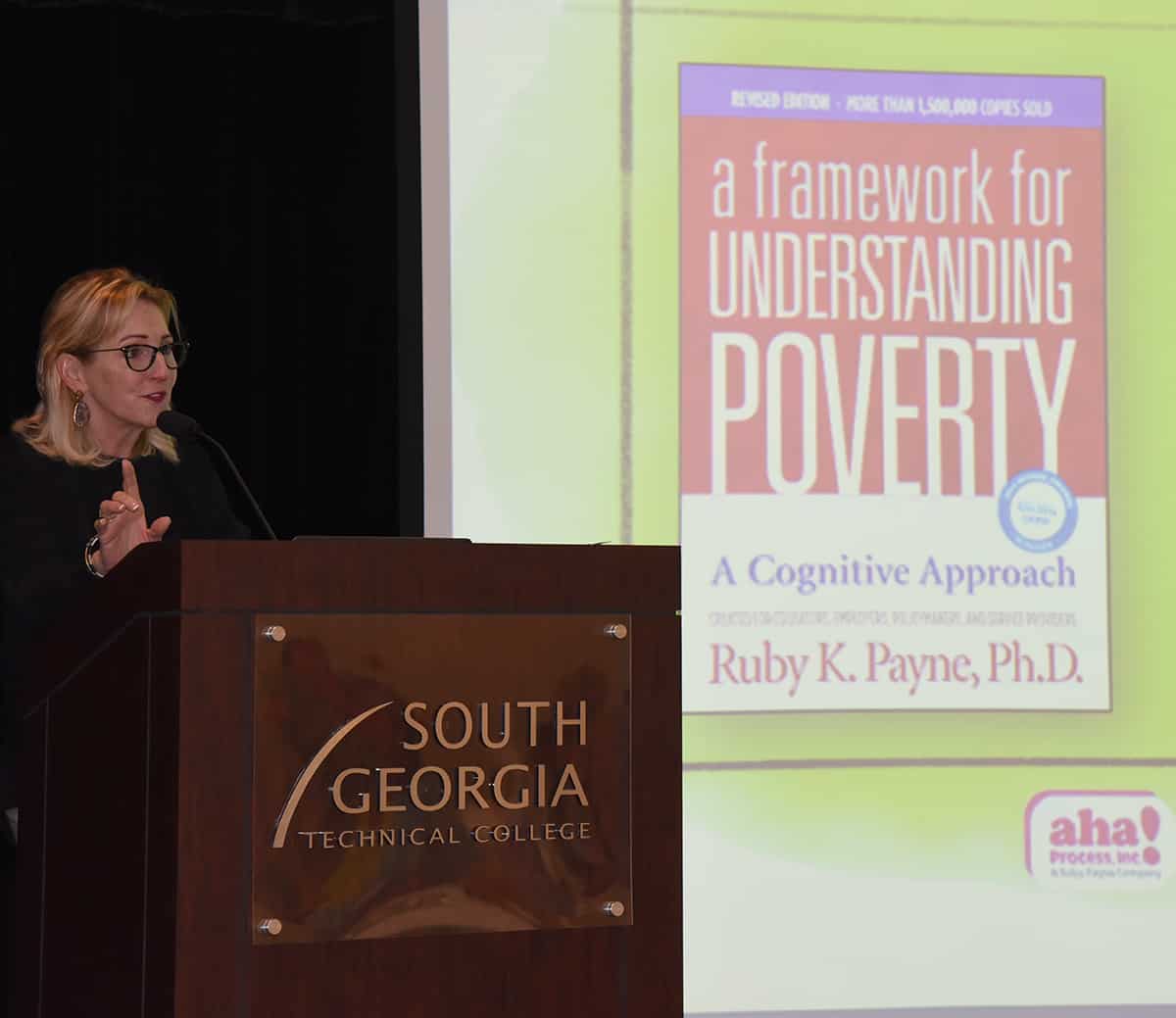Dr. Ruby Payne is shown above conducting a professional development workshop for educators at South Georgia Technical College.
