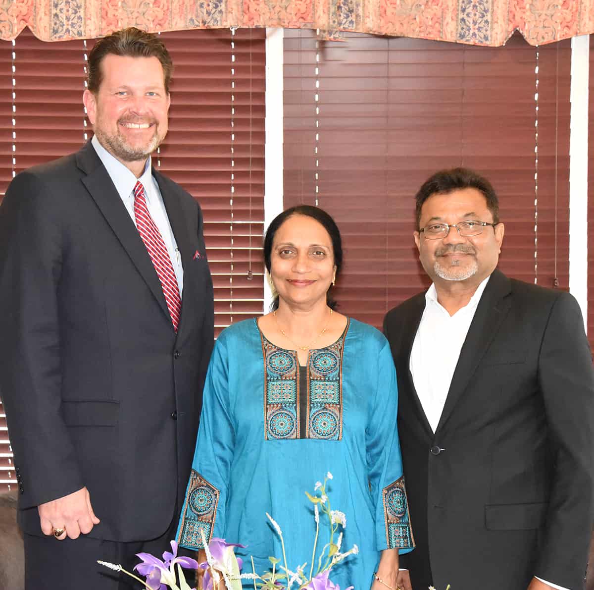 South Georgia Technical College President Dr. John Watford (l to r) is shown above thanking Ila and Sharad Patel for their new endowed scholarship for Culinary Arts students at South Georgia Technical College.