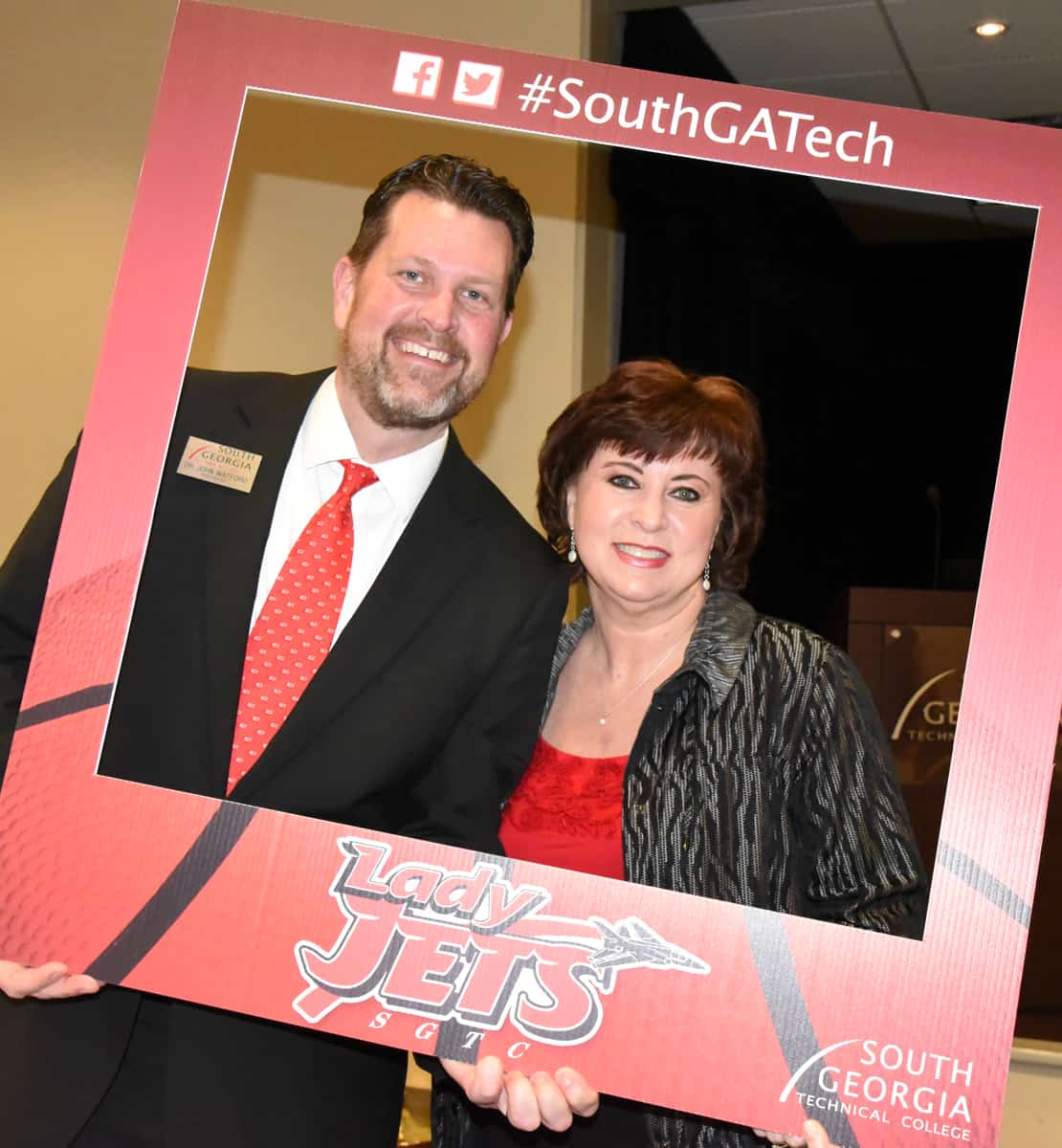 South Georgia Technical College President Dr. John Watford and his wife, Barbara, are shown above “Taking Off with South Georgia Technical College” by posing for a selfie in the Jets and Lady Jets social media frames.