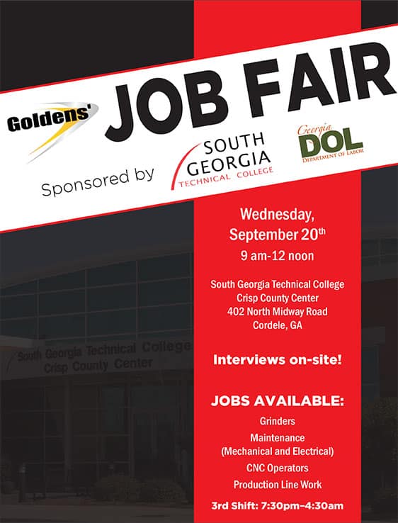 Goldens' Foundry and Machine Co. will hold a job fair at SGTC's Crisp County Center on Wednesday, September 20th.