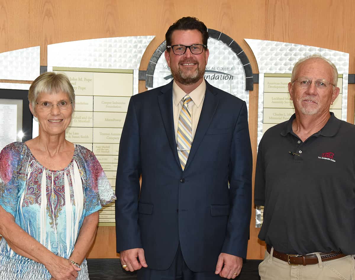 South Georgia Technical College President Dr. John Watford is shown above (c) with Margie and Jake Everett thanking them for their new endowed scholarship in memory of their daughter Rose Ann Everett.