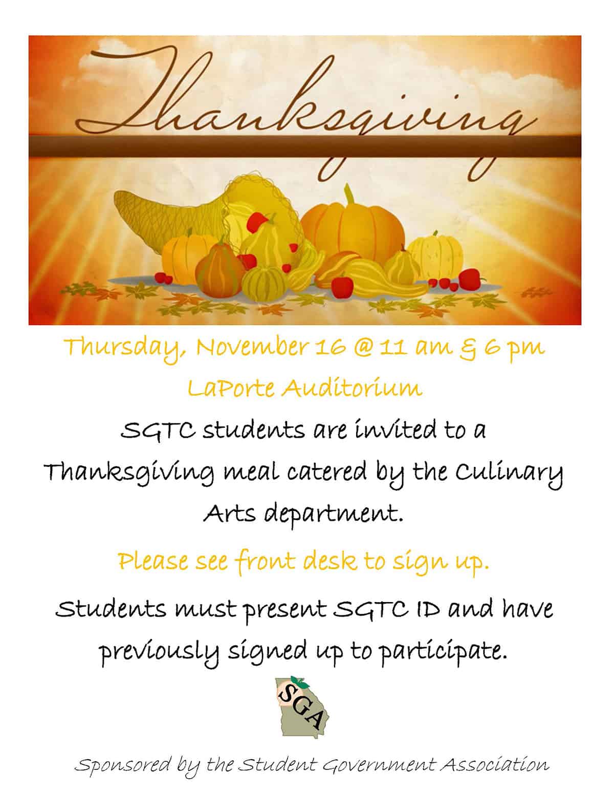 Thanksgiving meal flyer that lists information about the event