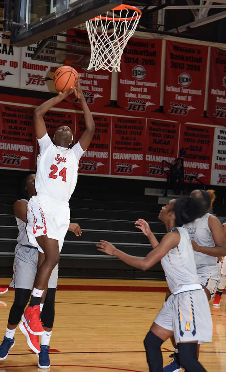 Esther Adenike, (24) is shown above as she led the Lady Jets to their fifth straight conference win. She had 25 points in the 99 – 49 victory over Andrew College.