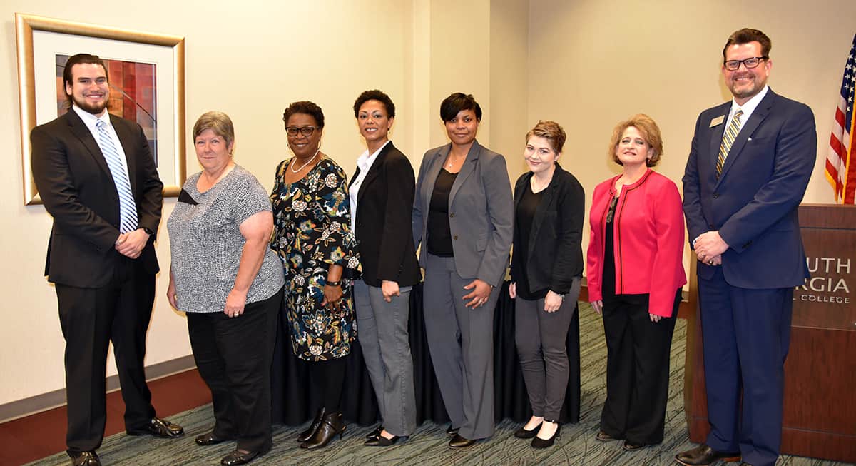 GOAL finalists are pictured with their nominees, GOAL coordinator Cynthia Carter, and SGTC President Dr. John Watford. Left to right: Noah McCleskey, Brenda Gillium, Cynthia Carter, Stephanie L. John, Andrea Ingram, Alexandra Joiner, Karen Bloodworth, Dr. John Watford.