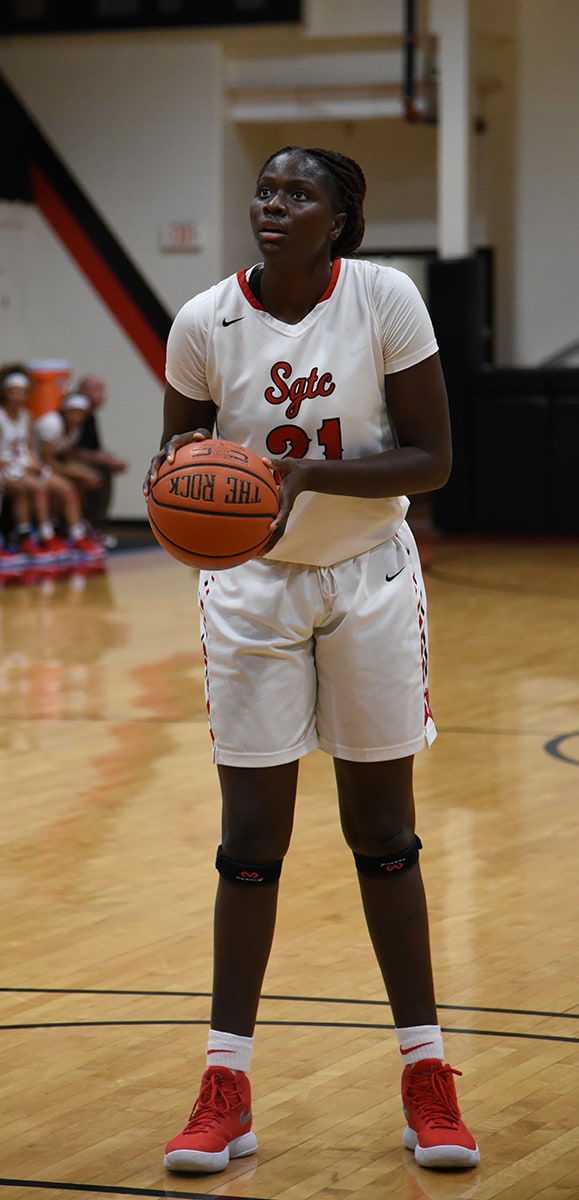 Bigue Sarr, 21, is shown shooting a free throw for the Lady Jets.