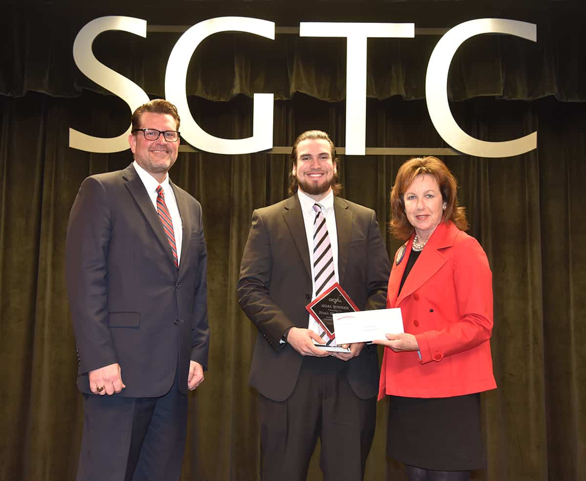Americus Rotary Club President Gaynor Cheokas (r) is shown above presenting a check to Noah McCleskey (c), who was selected as the SGTC 2018 GOAL student of the year as SGTC President Dr. John Watford (l) thanks the Americus Rotary Club for their support of South Georgia Technical College and its students.