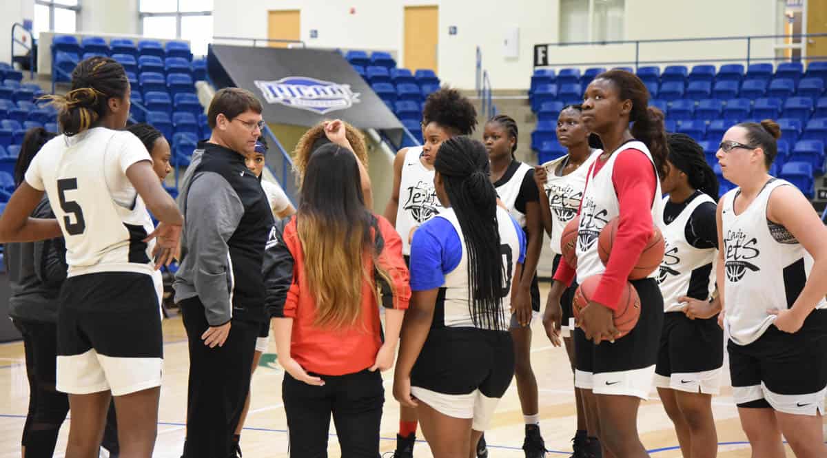 South Georgia Technical College Lady Jets head coach James Frey is shown above talking with the Lady Jets on the court of the Rip Griffin Center after their 30-minute practice session at the Center on Sunday.