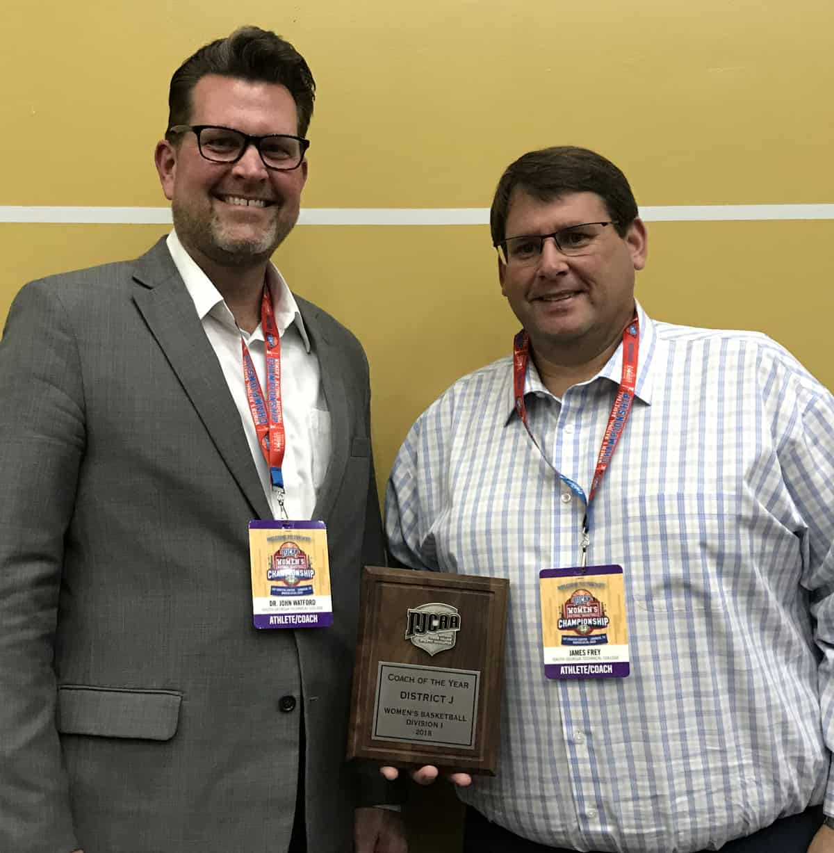 South Georgia Technical College President Dr. John Watford is shown above congratulating Lady Jets head coach James Frey for being recognized as the NJCAA District J coach of the Year in the opening ceremonies at the NJCAA National Tournament in Lubbock, Texas.