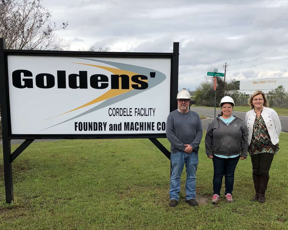 South Georgia Technical College Business and Industry Services Director Michelle McGowan is shown above with Goldens’ Foundry Plant Manager Bill Vanness and Goldens’ Human Resources Manager Teresa Aspinwall in front of the plant sign.