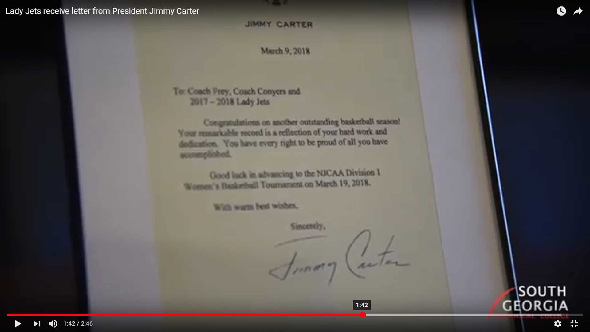 A framed letter signed by Jimmy Carter.