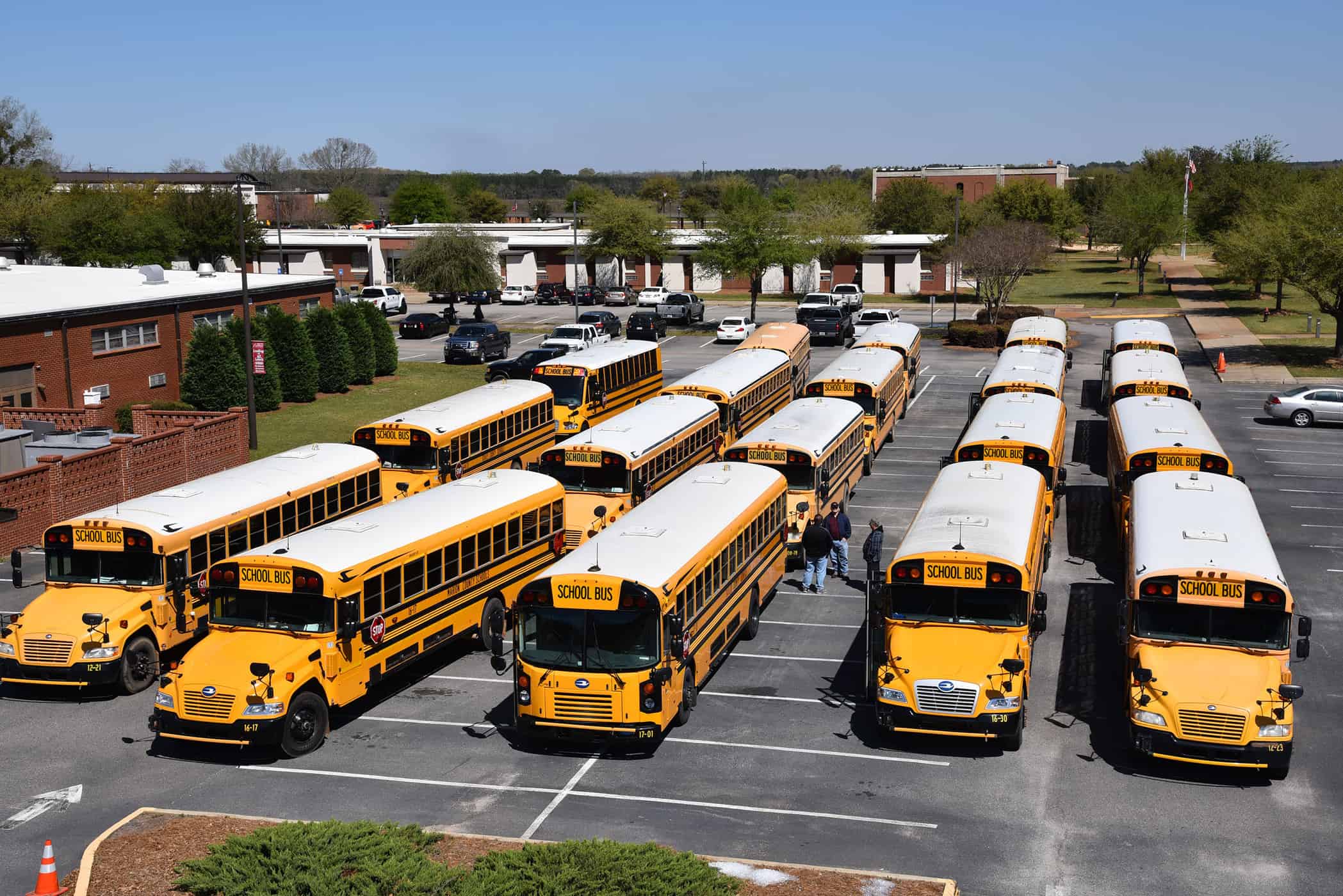 19 school buses sit in a parking lot.