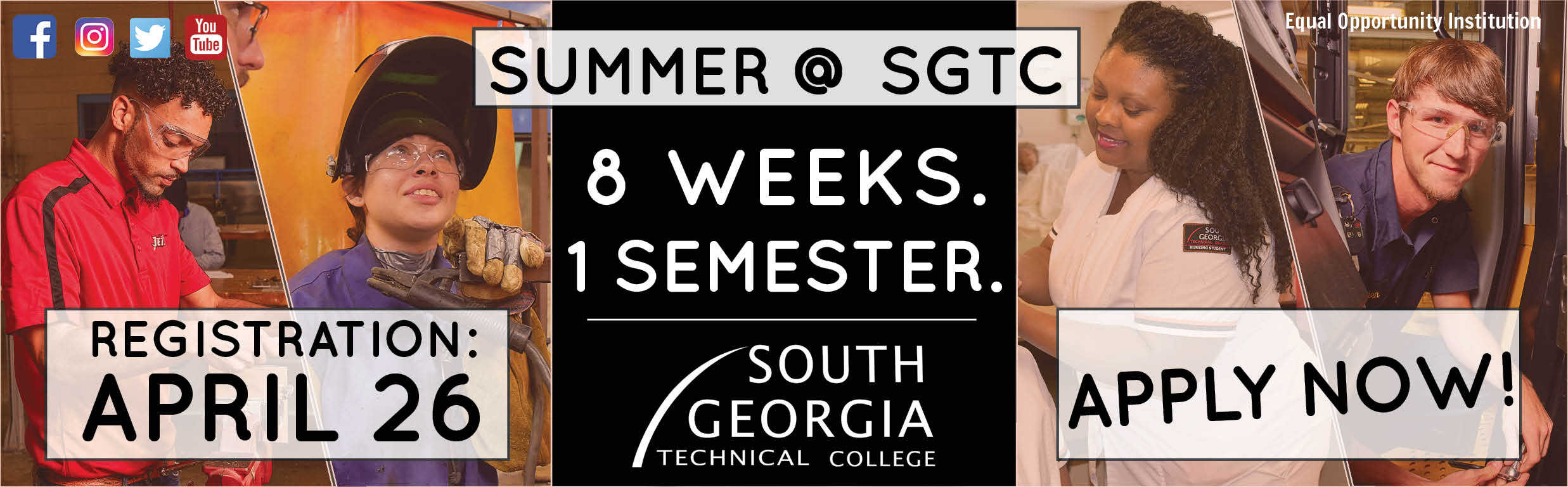 Ad featuring four pictures of students at work. Words read "Summer @ SGTC," "Registration April 26," "Apply today"