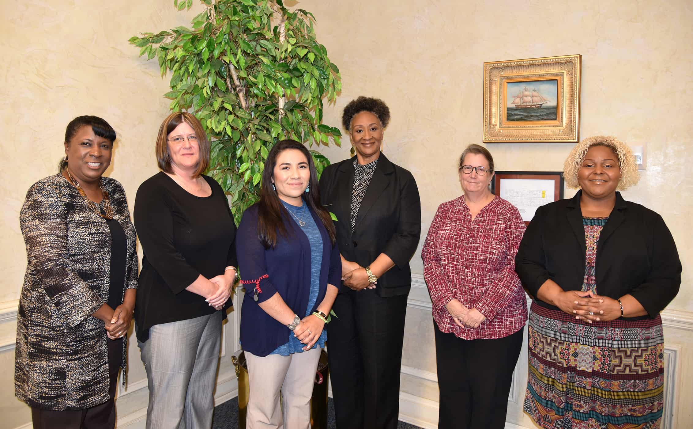 From left to right stand SGTC Accounting and Business Technology advisory committee members Annita Barron, Tabitha Williams, Monica Castaneda, Brenda Hudson-Boone, Barbara Hill and Dr. Andrea Oates.