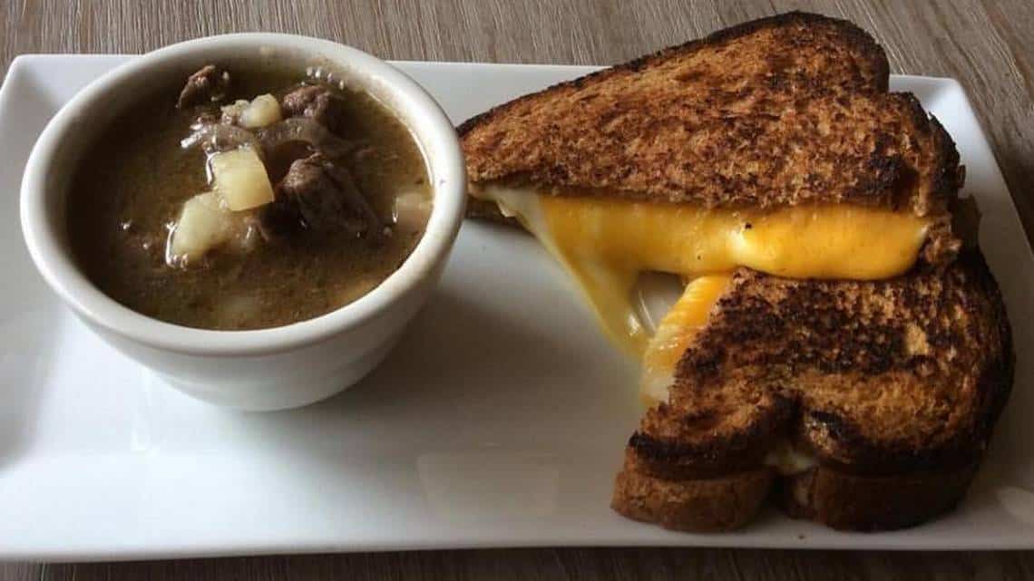 The restaurant’s menu has included gourmet grilled cheese with beef and potato soup. -- - Image from Meritage on Facebook