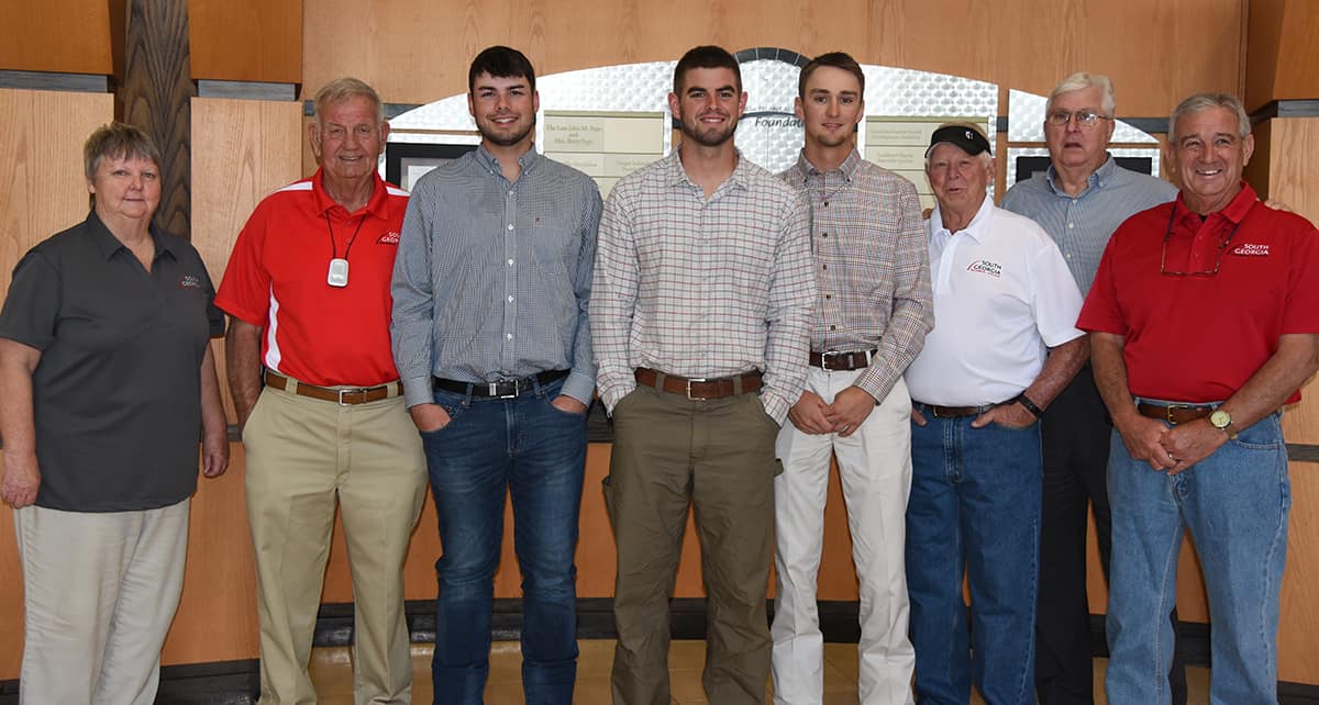 Shown above (l to r) are SGTC Electrical Lineworker Instructors Sandra Kay Royal and Dewey Turner with SGTC Electrical Lineworker Scholarship Recipients Tyler Flowers, Josh Day and Cliff Jones along with instructor Bobby Baxley, SGTC Vice President of Economic Development Wally Summers and instructor Billy Whitaker.