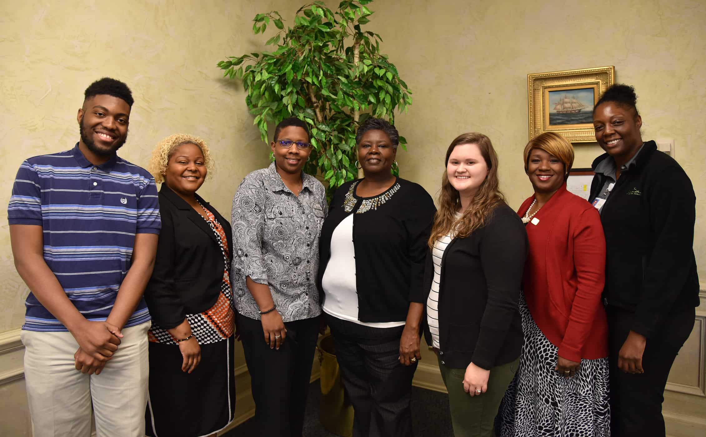 From left to right stand SGTC Marketing Management advisory committee members Brodrick Parks, Dr. Andrea Oates, Jamie Jones, Mary Cross, Leah Windham, Andrea Tatum and Jessica Wright.