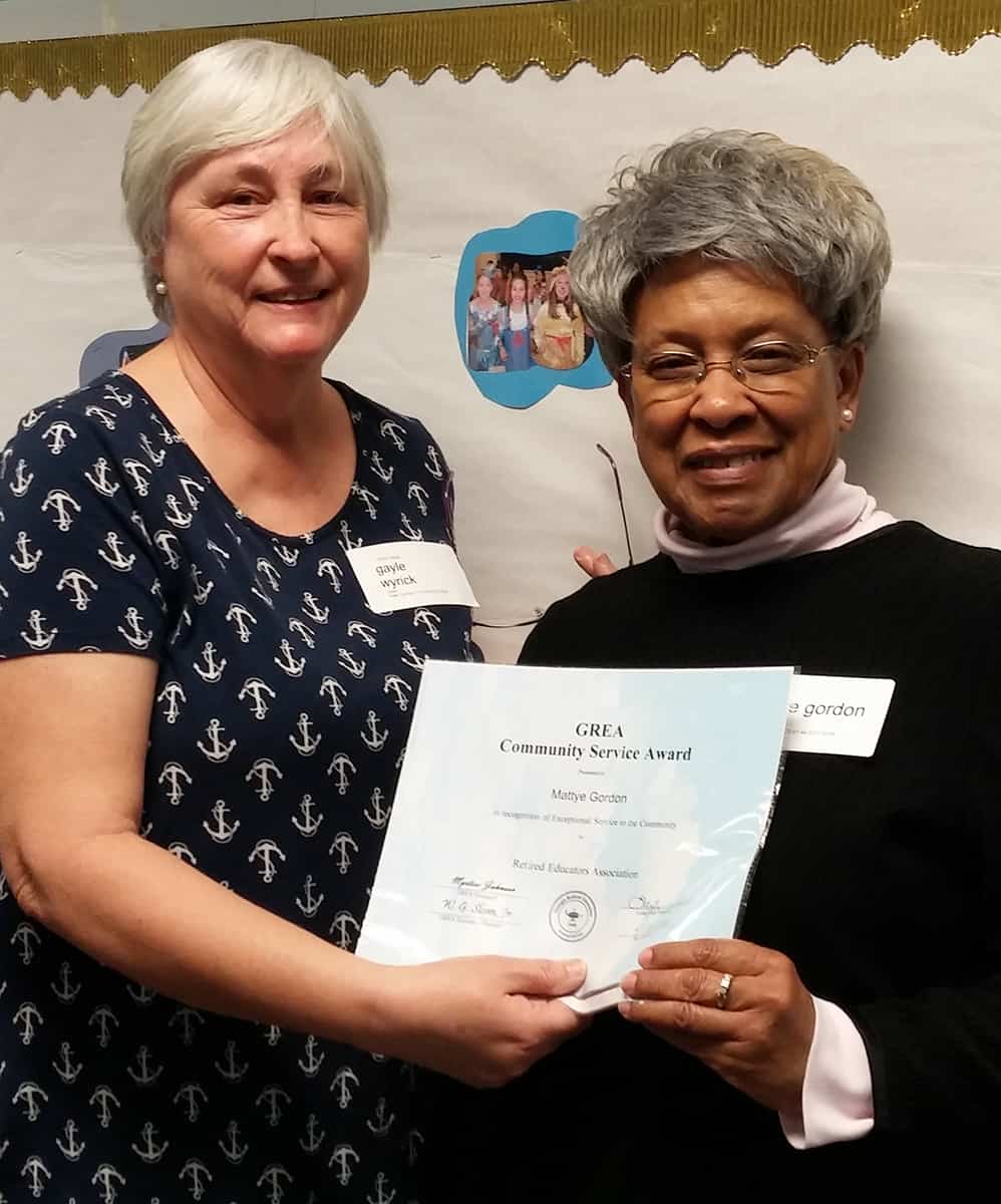 Gayle Wyrick, TCREA President of the Taylor County Retired Educators Association is shown above (l to r) presenting Mattye Gordon with her Community Service Award.