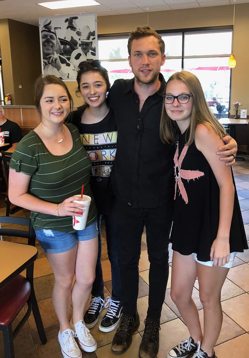 Posing with Phillip Phillips! South Georgia Technical College Driver’s Education students Preslee Owen of Americus and Hanae Colquitt of Ellaville and Zoe Bell of Ellaville are shown above with American Idol winner Phillip Phillips at Chick Fil A in Leesburg recently.