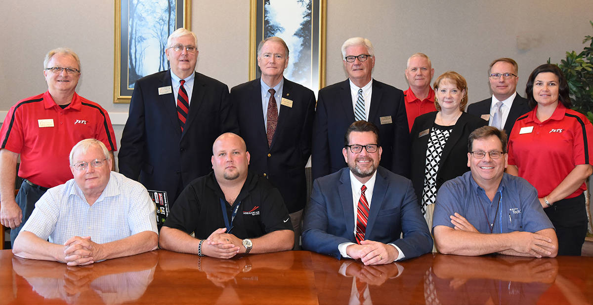 South Georgia Technical College officials are shown above with a team from Delta TechOps. Delta Air Lines signed a partnership agreement with South Georgia Technical College earlier this year and The Delta Air Lines Foundation presented the South Georgia Technical College Foundation with a $50,000 donation recently to enhance SGTC’s Aviation Maintenance/Avionics programs. Shown standing (l to r) are SGTC Aviation Maintenance Instructor Charles Christmas, SGTC Vice President of Economic Development Wally Summers, SGTC Assistant to the President Don Smith, SGTC Academic Dean over Aviation Raymond Hold, SGTC Aviation Maintenance Instructor David Grant, SGTC Vice President of Administrative Services Lea Coe, SGTC Vice President of Academic Affairs David Kuipers and SGTC Aviation Maintenance Instructor Victoria Herron. On the front row is SGTC President Dr. John Watford (second from right) with Delta officials, Joe Mras, the Atlanta Station Manager from Endeavor and Mike Mackey, Manager of the Delta TechOps Training