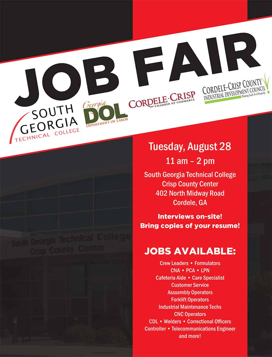 Job Fair will be held at the South Georgia Technical College Crisp County Center on August 28th.