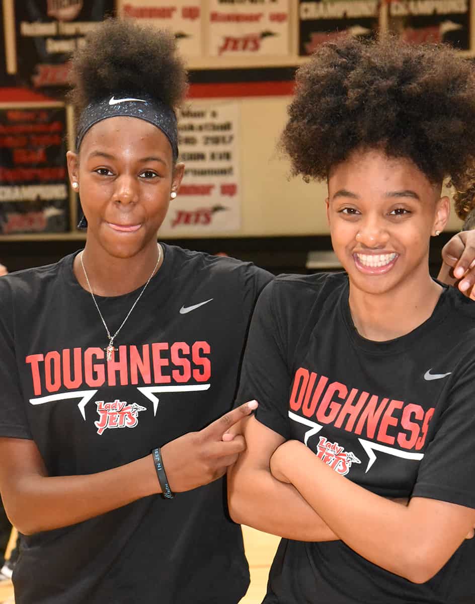 Shown above is freshman Lady Jets Yasriyyak Wazzeerud-Din from Decatur, Georgia with returning sophomore Ricca Jackson. Wazzeerud-Din won the overall three-point shooting contest and the Jets and Lady Jets.