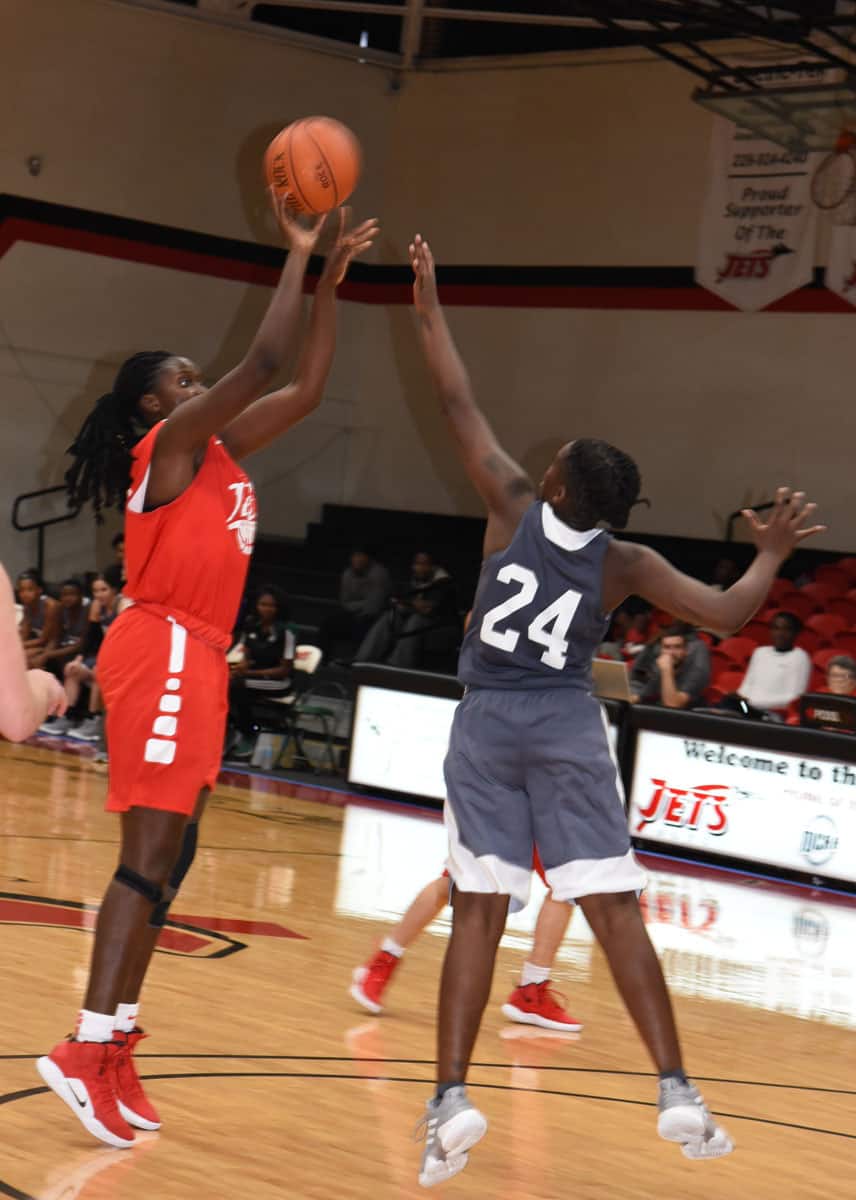 Sophomore Bigue Sarr, 21, led the Lady Jets in scoring with 22 points against Thomas University in a pre-season scrimmage Saturday.