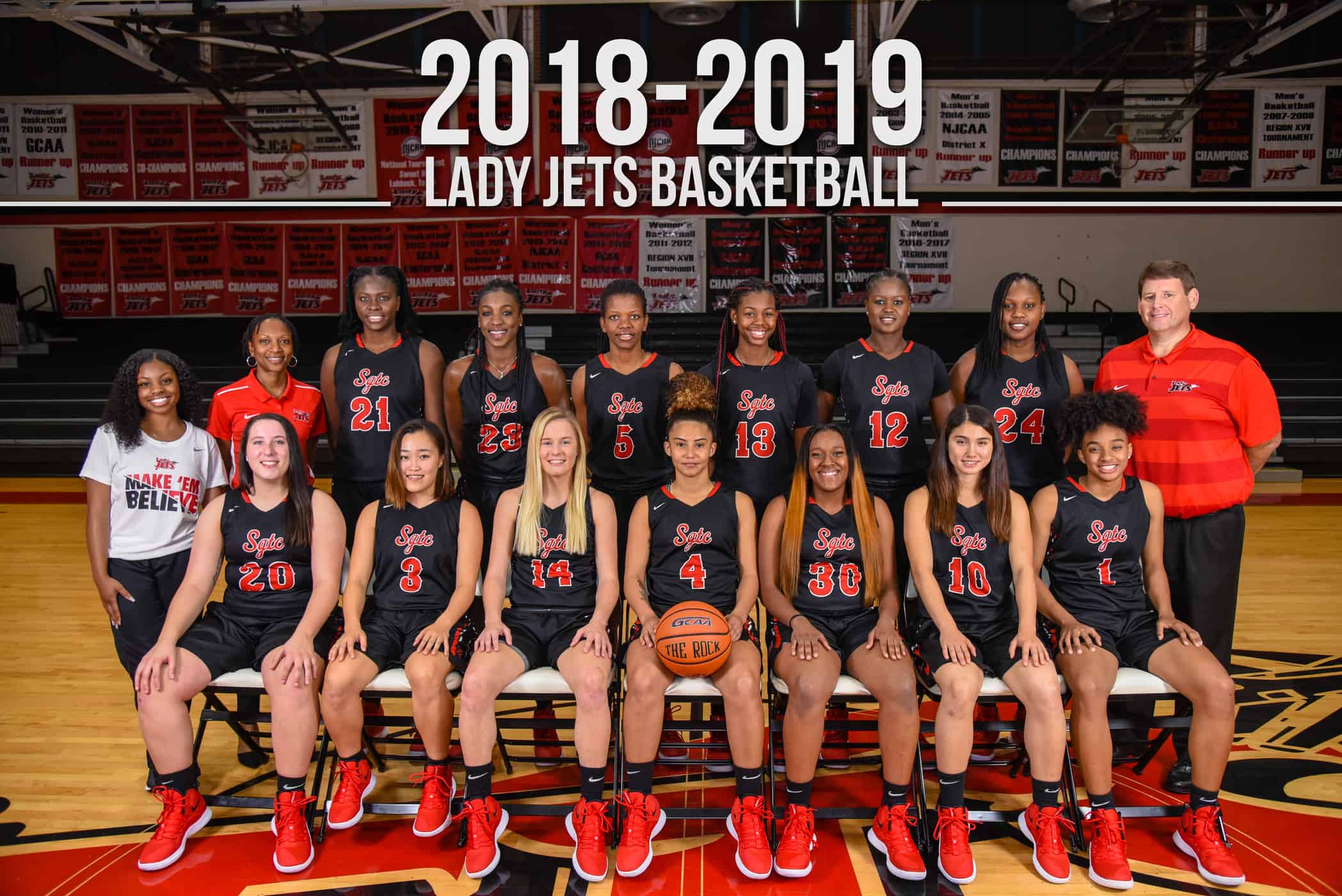 2018 – 2019 Lady Jets – Shown seated (l to r) are: Aubrey Maulden (20); Rio Yamazaki (3); Anna McKendree (14) Alyssa Nieves (4); Kamya Hollingshed (30); Mari Hill (10); and Ricka Jackson (1). Standing are: Manager Destiny Penn, Assistant coach Kezia Conyers, Bigue Sarr (21); Oumy Gueye (23); Amara Edeh (5) Yasriyyah Wazeerud-Din (13); Fatou Pouye (12); Laky Somo (24); and SGTC Athletic Director and Lady Jets head coach James Frey.