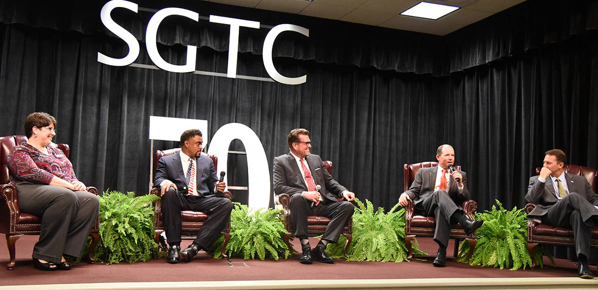 Shown above (l to r) are the educational leaders who participated in the State of Education event at South Georgia Technical College recently. They are: Dr. Elizabeth Kuipers, Principal of Furlow Charter School, Dr. Torrance Choates, Sumter County Schools Superintendent, Dr. John Watford, President of South Georgia Technical College; Ty Kinslow, Headmaster at Southland Academy; and Dr. Neal Weaver, President of Georgia Southwestern State University.