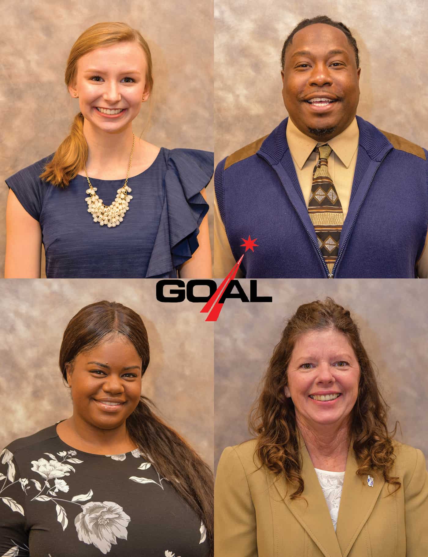 Portraits of four individuals. Three females and one male.