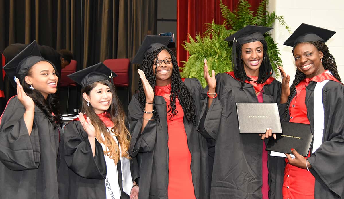 Shown above are some of the Lady Jets basketball players who earned an Associate of Applied Science degree in Sports and Fitness Management at South Georgia Technical College in the Spring of 2018 and went on to continue their education at various universities. Shown above (l to r) are: Davesha Murray, Kanna Suzuki, Sceret Ethridge, Houlfat Mahouchiza, and Esther Adenike.
